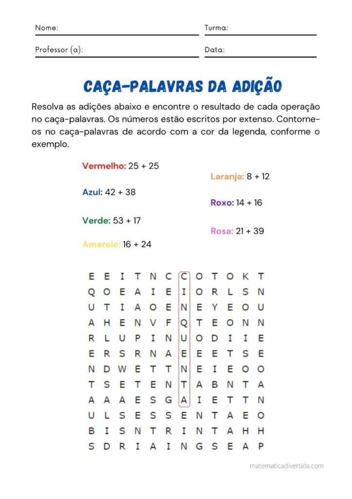 Cruzadinha Matemática para imprimir